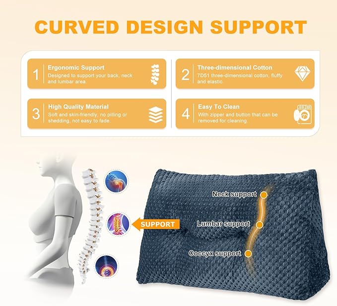 Large Triangular Headboard Wedge Pillow Soft and Supportive Headboard Backrest Positioning Support Bolster Cushion, Bed Wedge Pillow with Removable Cover(Dark Blue,Full,54x8x20inch)