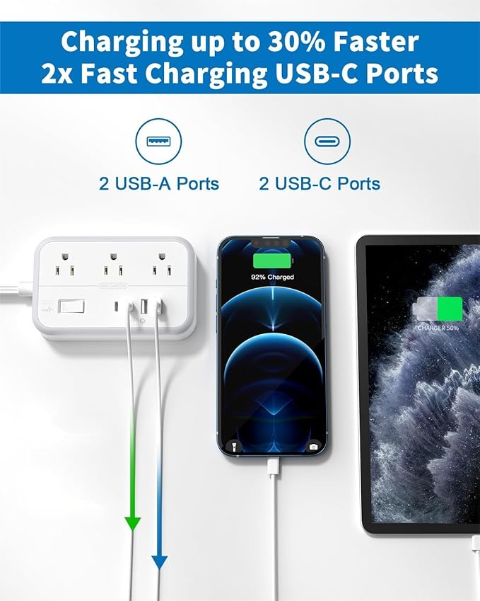 Flat Extension Cord 15 ft, NTONPOWER Power Strip with 6 Widely Outlets 4 USB Ports(2 USB C), Flat Plug, Wall Mounted, Side Outlet Extender for Indoor, Home Office, Dorm Room Essentials