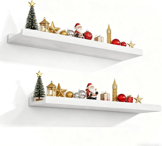 Love-KANKEI Floating Shelves Wall Mounted Set of 2, 24 Inch Wood Storage Wall Shelves for Bedroom Living Room Bathroom Kitchen Office and More White