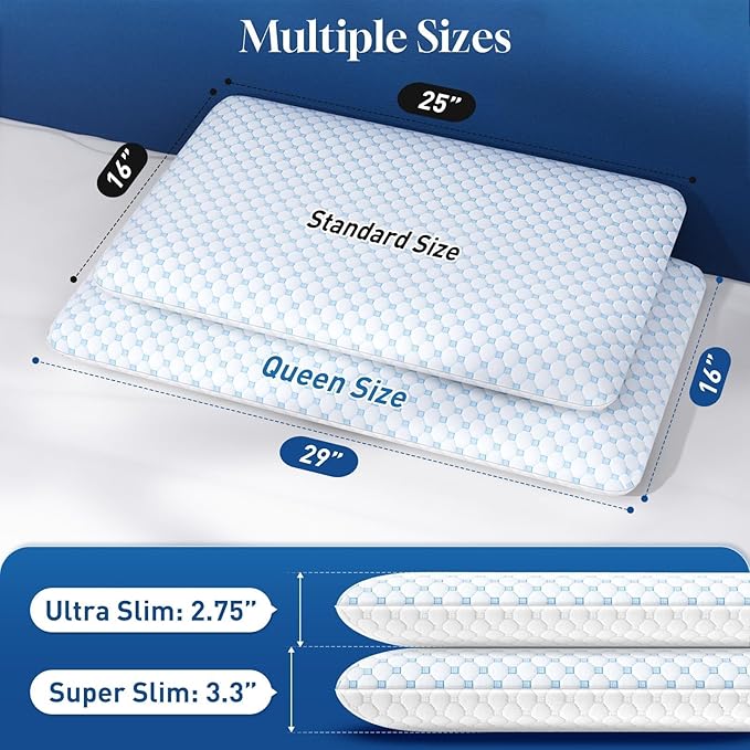 CloudBliss 2.75” Ultra Thin Pillows for Side | Back | Stomach Sleepers, Memory Foam Flat Pillow, Low Profile Sleeper Pillows with Double Sided Comfortable Breathable Pillow Cover, Standard
