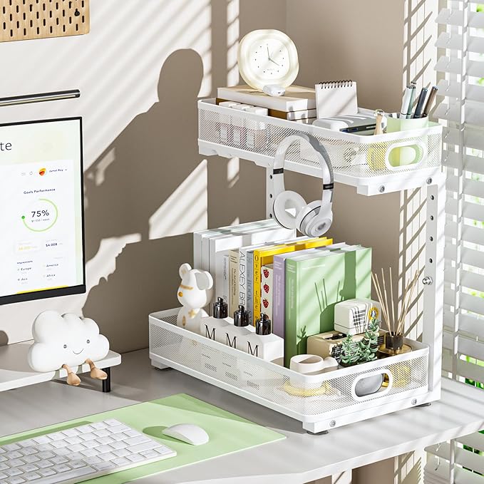 Under Sink Organizer, High Adjustable 2 Tier Under Sink Organizers and Storage, Slide Out Metal Cabinet Organizers, Pull Out Sink Storage Drawer Shelf for Kitchen Bathroom Cabinet, White, 1 Pack