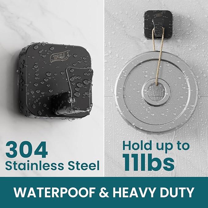 TAILI Thickened 304 Stainless Steel Bathroom Suction Hook for Towel, Loofah, Bathrobe, Patented Strong Suction Cup Holder, Damage-Free Hanging Glass Shower Wall Hook, Hold Up to 11 Lbs, 2 Pack, Black