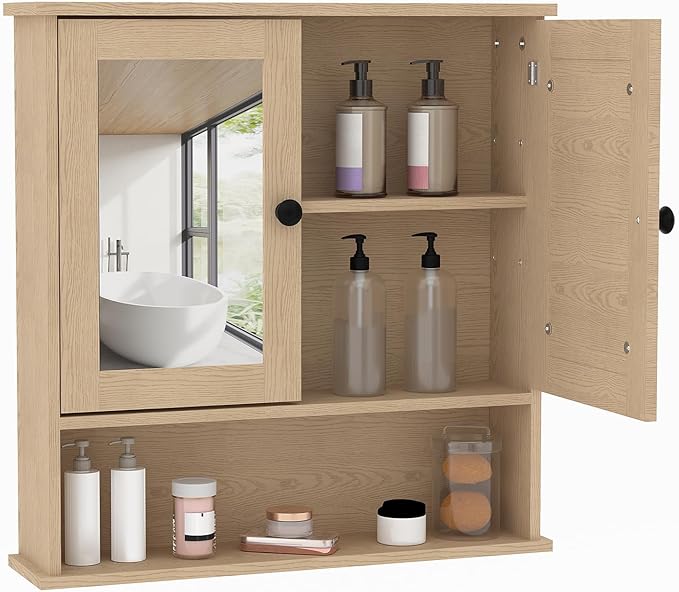22.2 Inch Mirrored Medicine Cabinet for Bathroom, Over Toilet Wall-Mounted Storage Cabinet with Adjustable Shelf, Waterproof MDF Cabinet for Bathroom Organization