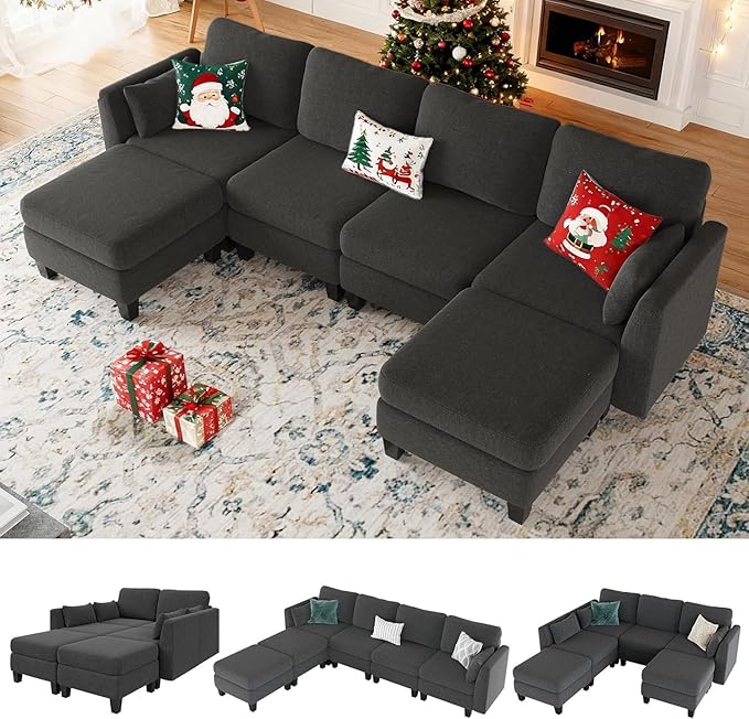 Modular Sectional Sofa, Convertible U Shaped Sofa Couch with High Density Memory Foam, 6 Seat Comfy Modular Sofa Couch for Living Room, Modern U Shaped Sectional Sofa, Dimgrey