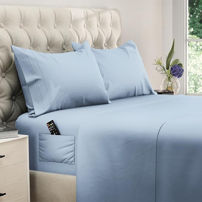 DREAMCARE Queen Size Sheets - Cooling Bed Sheets - 4pcs Set - up to 15" Deep Pocket Queen Sheet Set - Sheets Queen Size Bed - Soft & Long Lasting 100% Fine Brushed Polyester with Side Pocket - Lblue DREAMCARE