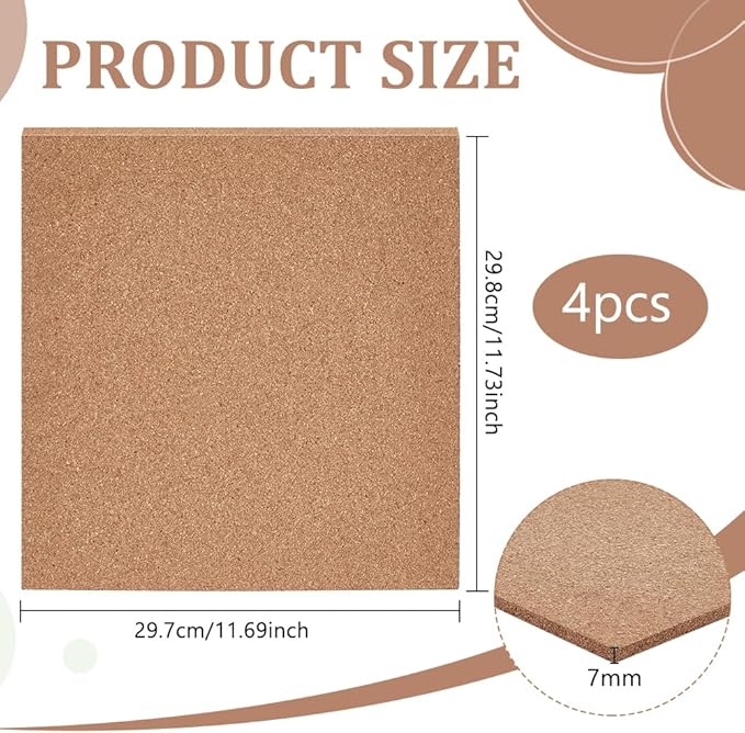 BENECREAT 4 Pcs Cork Sheets, 11.7x11.7 Inch Square Cork Board Tiles for Bulletin Boards, Wall Decorations and DIY Crafts(7mm Thick)