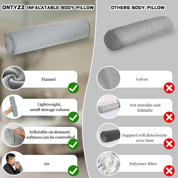 ONTYZZ Inflatable Short Body Pillow, Short Pillow for Bed, Oval Bolster Pillow for Good Sleeping and Back/Neck Support, 2pcs Grey