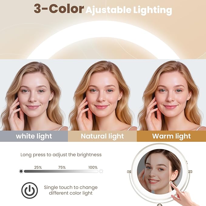 Rocollos 9-Inch Large Makeup Mirror with 30X Magnification, Rechargeable Wall Mounted Vanity Mirror with Lights, 3 Color Dimmable LED, Touch Screen & Retractable Arm-Black (9INCH-Nickel)