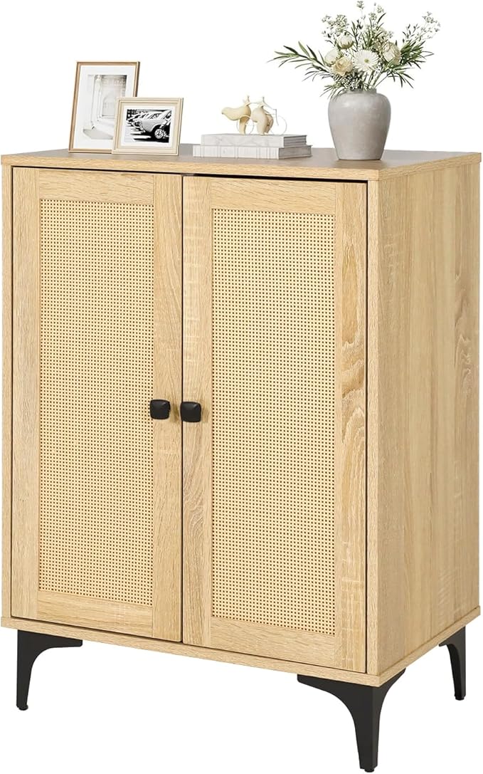 Rattan 4-Door Buffet Sideboard Storage Cabinet - Boho Kitchen Dining Console with Adjustable Shelves, Natural Rattan 48.4" W x 15" D x 33.4" H