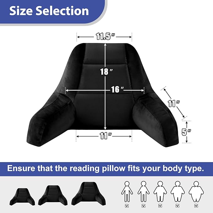 Reading Pillows for Sitting in Bed Adult, Back Pillow for Bed Sitting Up, Backrest Pillows with Shredded Foam for Adult&Teens, Support Pillow with Arms for Beds, Couch, Floor, 18in, Black