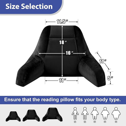 Reading Pillows for Sitting in Bed Adult, Back Pillow for Bed Sitting Up, Backrest Pillows with Shredded Foam for Adult&Teens, Support Pillow with Arms for Beds, Couch, Floor, 18in, Black