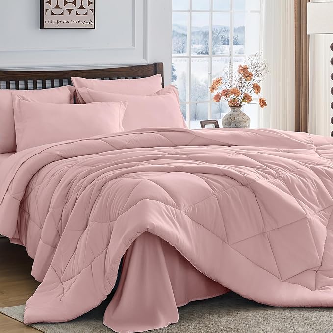 HEVUMYI Dusty Pink Twin-XL Comforter Set - 5-Piece All Season Bed in a Bag Twin-XL, Ultra Soft Bedding Set with Comforter, Flat Sheet, Fitted Sheet, Pillowcases, Pillow Shams