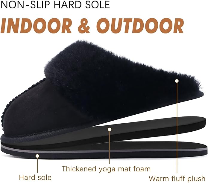 KuaiLu Womens Fluff Dual Memory Foam Slippers Ladies Cozy Arch Support Warm Scuff Slippers Slip on Comfy Winter House Shoes with Non-Slip Indoor Outdoor Hard Sole