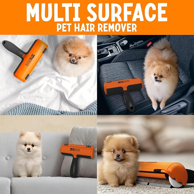 Triton Pet Hair Removal Tool w/Fur Trapping Compartment, 60% Smaller Storage Size, Reusable Shedding Roller, Cat and Dog Hair Remover for Car, Furniture, Carpet, Couch (Orange)