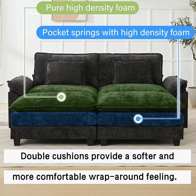 86" Modular Sectional Sofa, Comfy Cloud Couch Sectional Sofa with Ottoman, Chenille Sofa Sleeper Deep Seat Sofa with Throw Pillows for Living Room (Black)