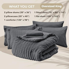 HYMOKEGE Oversized King Comforter Set Seersucker 7 Pieces, All Season Luxury Bed in a Bag for Bedroom, Bedding Set with Comforter, Sheets, Pillowcases & Shams, Dark Grey
