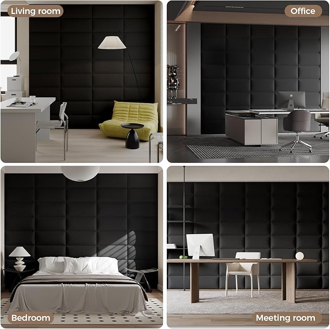 Premium Black Linen-Upholstered Headboard 24x12 Inch 12-Panel Set with High-Density Foam - Wall-Mounted or Freestanding Design for Queen/King Size Beds, Modern Bedroom Decor
