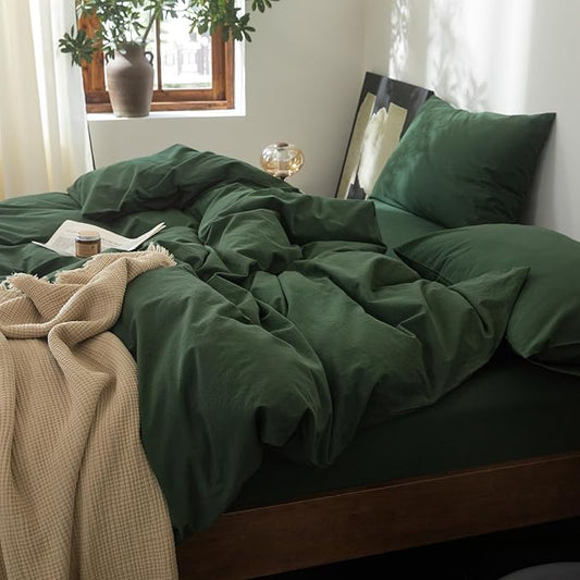 FOSSA Duvet Cover Set 100% Washed Cotton Linen Feel Super Soft Breathable Cozy 3 Pieces Bedding Sets Solid Forest Green Super King