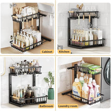Under Sink Organizer, 2 Tier Under Sink Organizers and Storage, Metal Slide out Pull out Cabinet Organizer ，2 Pack Sliding Drawer Organizer for Kitchen Bathroom Pantry
