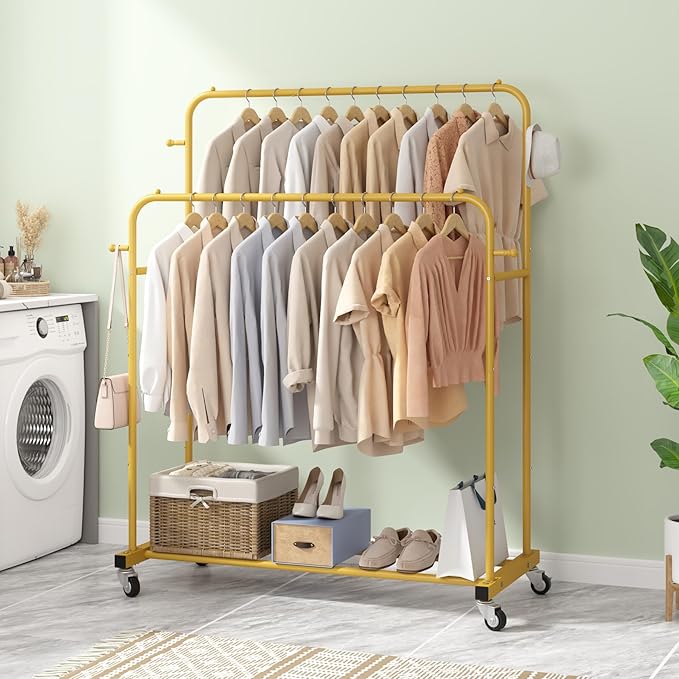 Laiensia Double Rods Garment Rack with Wheels, Clothing Rack for Hanging Clothes,4 Hooks, Multi-functional Bedroom Clothes Rack, Gold
