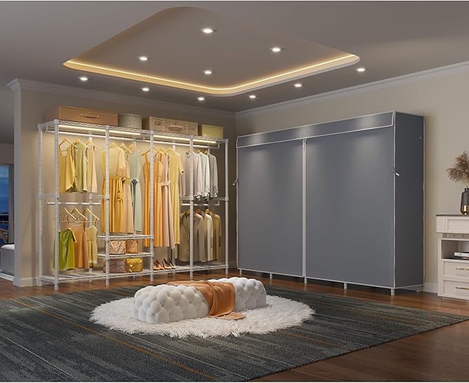 VIPEK V40LC Covered Clothes Rack with Dimmable LED Lights, Heavy Duty Garment Rack with Cover Portable Closet Wardrobe Clothing Racks for Hanging Clothes, White Closet Racks with Grey Oxford Cover