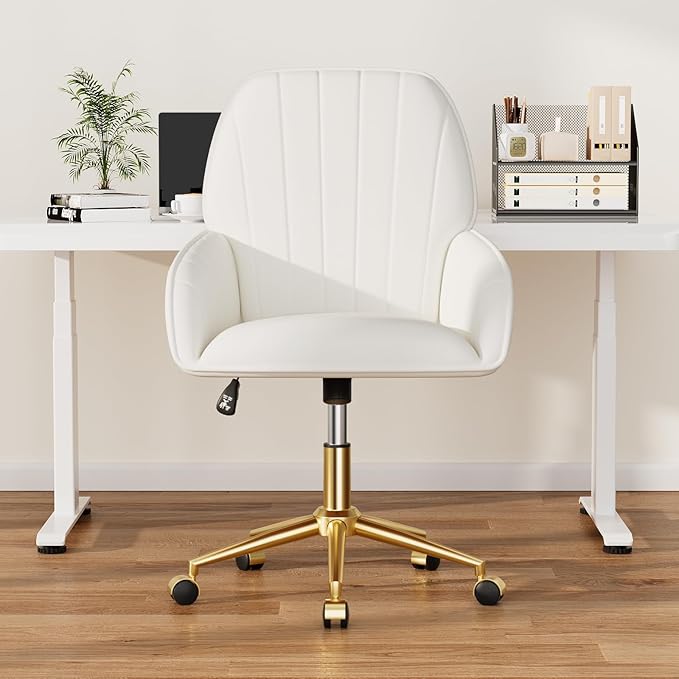 Home Office Desk Chair Comfy with Adjustable Swivel Wheels, Modern Velvet Makeup Vanity Chair with Back & Pillow, Ergonomic Office Chair Computer Task Chair for Living Room, Bedroom, White