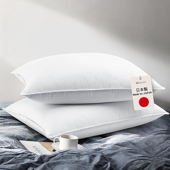 UNIKOME White Goose Down Feather Pillows - 100% Cotton Cover - King Size Pillow Set of 2, Made in Japan Pillow for Sleeping
