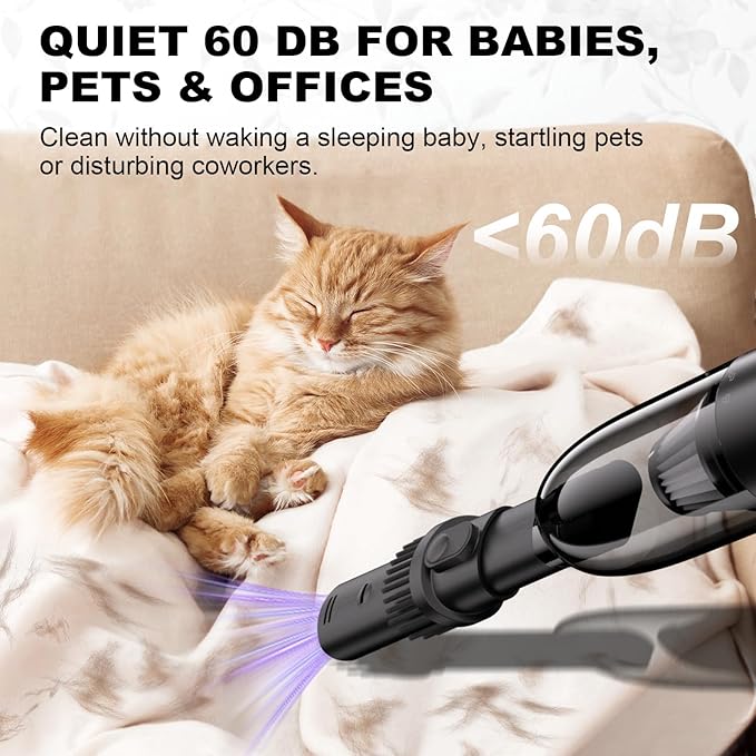 4-in-1 Mini Handheld Vacuum Cordless for Car, Desk & Small Spaces, 6.5kPa Strong Suction, Ultra-Quiet 60dB, 0.85 lb Portable Air Duster/Inflator/Pump, USB-C Rechargeable 2 Washable HEPA Filters