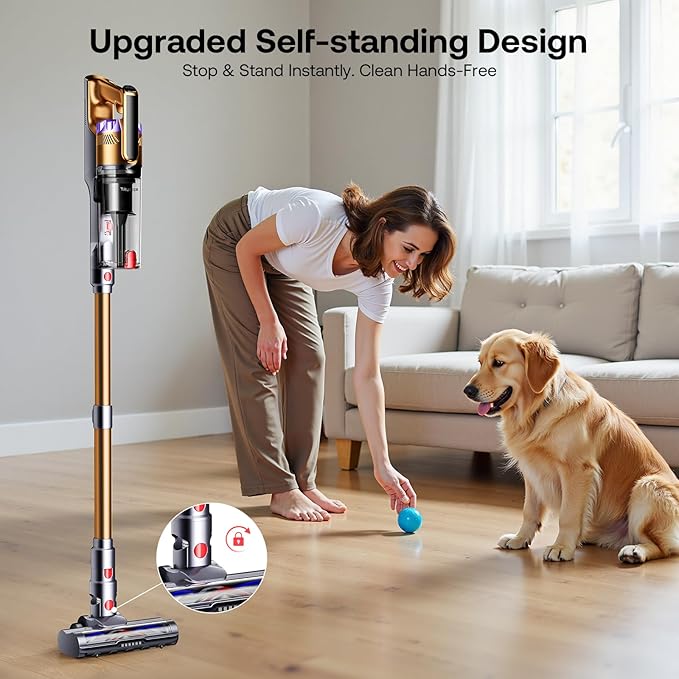 Trucozie Cordless Vacuum Cleaner, Self-Standing Lightweight Stick Vacuum with 50 mins Runtime, Powerful Suction, Anti-Tangle Wireless Vacuum for Home, Hardwood Floor, Carpet, Pet Hair, Gold