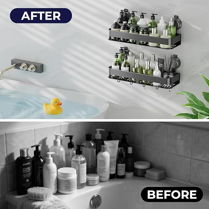 ONXE Shower Caddy Suction Cup,2 Pack Suction Shower Organizer,No Drilling Rustproof Shelves for Bathroom,Kitchen,Home Decor,Heavy Duty Bathroom Organizer with Large Capacity (11.8 inch-No bar)