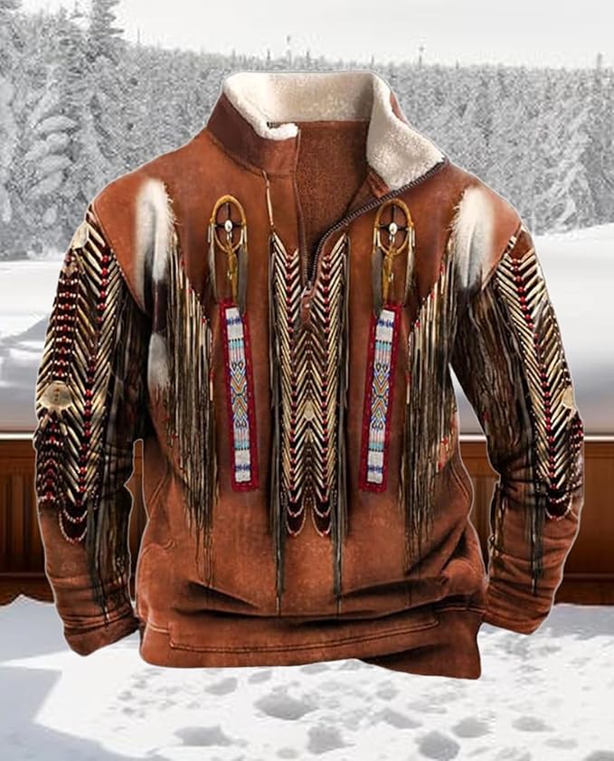 Western Sweatshirts for Men Aztec Cowboy Vintage Graphic Fleece Hoodie Mens Quarter Zip Pullover Country Jacket