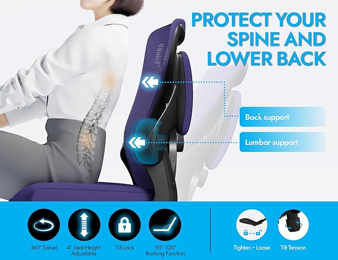 Ergonomic Office Chair - X-Shaped Computer Desk Chair Comfy, Gaming Chair, Office Chair with Lumbar Support, Mesh Office Chairs, Desk Chair for Long Hours(Black Purple)