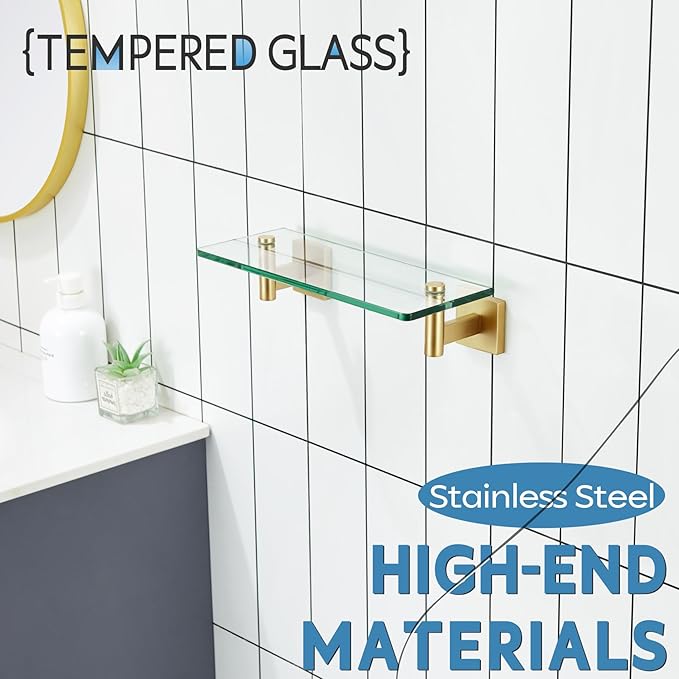 KOKOSIRI Wall Shelves Floating Shelf 12'' Gold Stainless Steel Bathroom Hardware Tempered Glass Hanging Rack Storage/Room Decor 2 Pack B1105BG-L12-P2