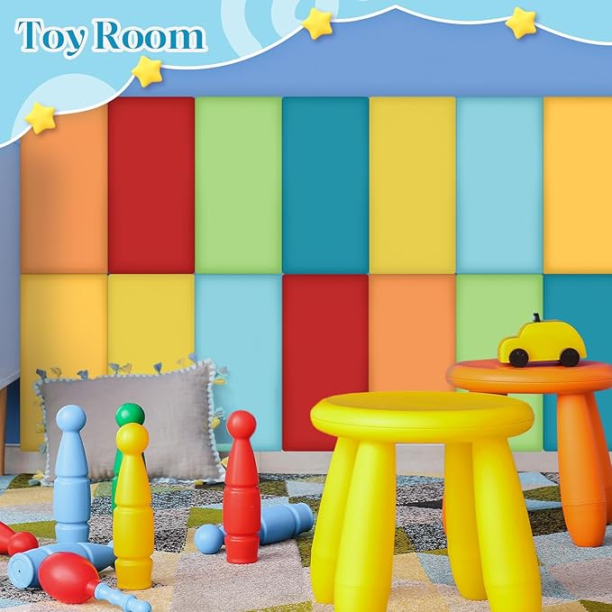 16 Pack Wall Padding for Playroom Peel and Stick Headboard 15.75" x 7.87" x 1.18" 3D Anti Collision Upholstered Wall Panels Self Adhesive Headboard Panel for Protection (Rainbow Colors)