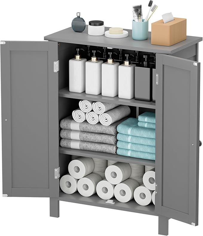 SUPER DEAL Modern Bathroom Floor Storage Cabinet with Adjustable Shelf and Double Door Rust Proof, Living Room Modern Home Furniture Storage Organizer Cabinet, Grey