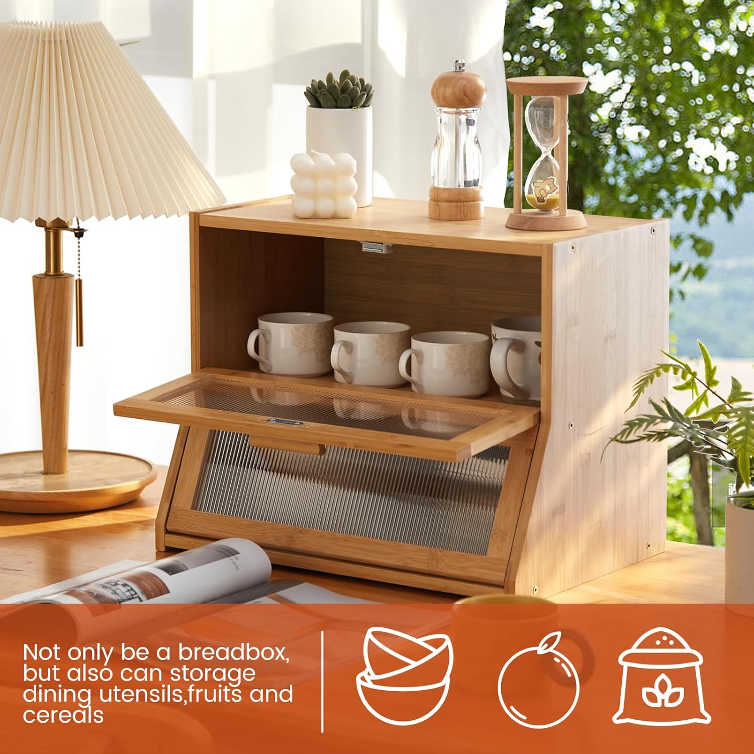 GHWIE Double Layer Bamboo Bread Box for Kitchen Counter,Large Capacity Bread Storage Bin,Bread Container with Acrylic Wavy Door Panel (Natural, Medium)
