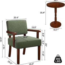 Corduroy Accent Chair Set of 2 with Table, Mid Century Modern Armchairs with Solid Wood Frame, Oversized Reading Leisure Chair for Living Room, Bedroom (Corduroy Green, Set of 2 with Table)