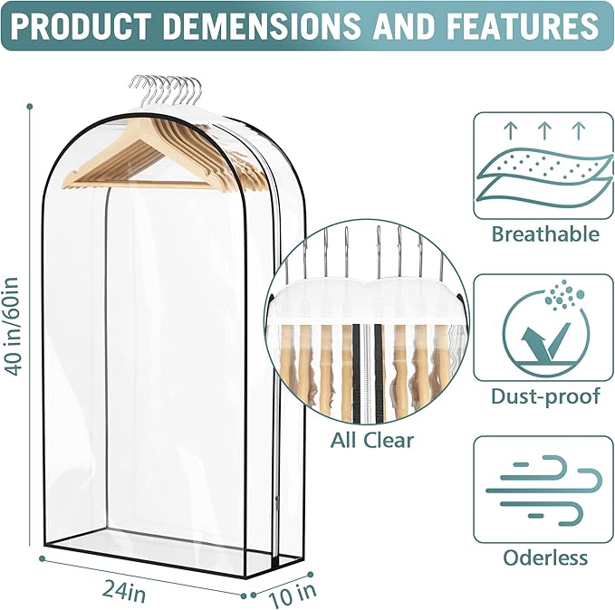 Clear Garment Bag for Hanging Clothes 10” Gusseted, 40&60” Suit Bags for Open Closet Storage Plastic Clothes Cover for Coat, Dress, Shirts, Fur, Jacket, Wardrobe Protectors, 4 Pack