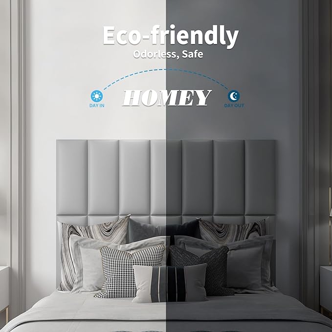 Art3d Peel and Stick Headboard for Full in Grey, Pack of 6 Panels Sized 9.84" x 23.62", Soundproof Wall Panels 3D, Upholstered Wall Panel