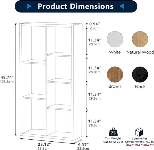 7 Cube Storage Organizer, Cube Shelf with Heavy-Duty Thick Boards, 25.12" L x 9.37" W x 48.74" H, Smooth Easy-Clean Panels, Simple Assembly, for Living Room Bedroom Office, Natural-Oak