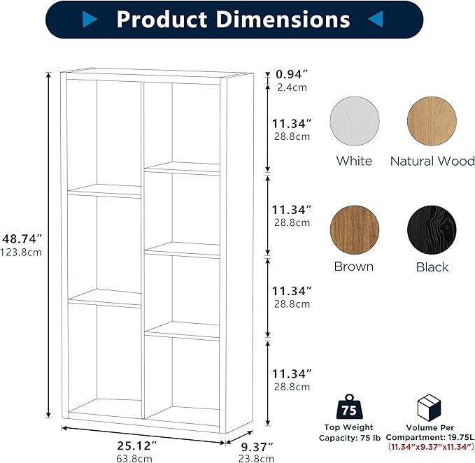 7 Cube Storage Organizer, Cube Shelf with Heavy-Duty Thick Boards, 25.12" L x 9.37" W x 48.74" H, Smooth Easy-Clean Panels, Simple Assembly, for Living Room Bedroom Office, White