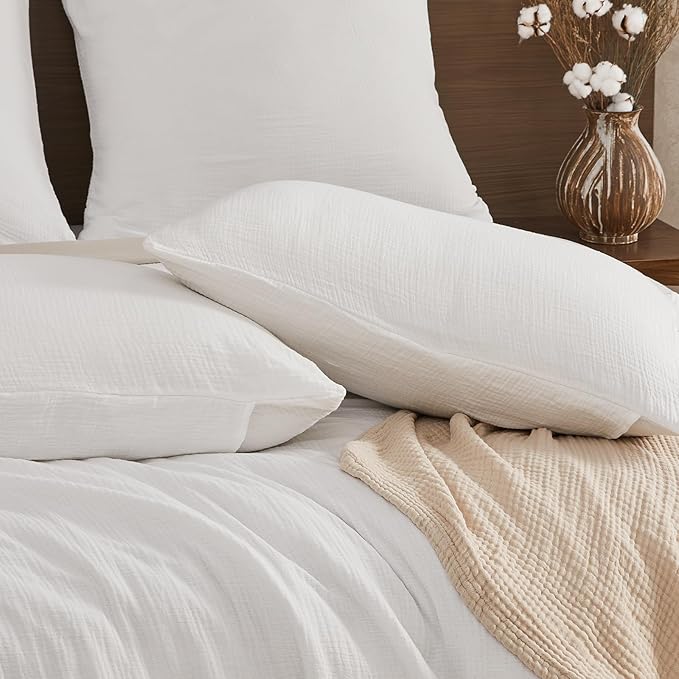 EMME Muslin Cotton Duvet Cover Set Cream White King Size Linen Like Soft Breathable Lightweight Summer Comforter Cover Set with Zipper Closure (Cream White, King, 104"x90")