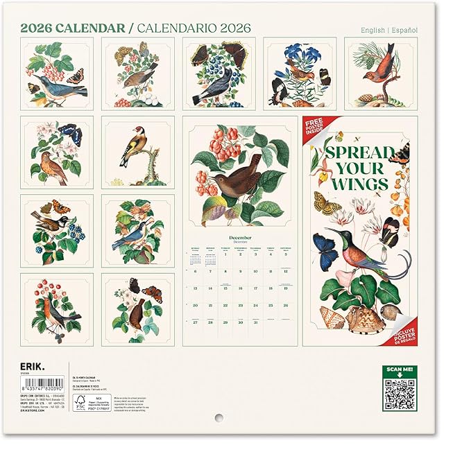Birds Wall Calendar 2026 12" x 12" FSC® Plastic Free - Starts Week On Sunday | Family Planner Vintage Calendar 2026