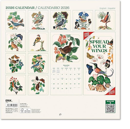 Birds Wall Calendar 2026 12" x 12" FSC® Plastic Free - Starts Week On Sunday | Family Planner Vintage Calendar 2026