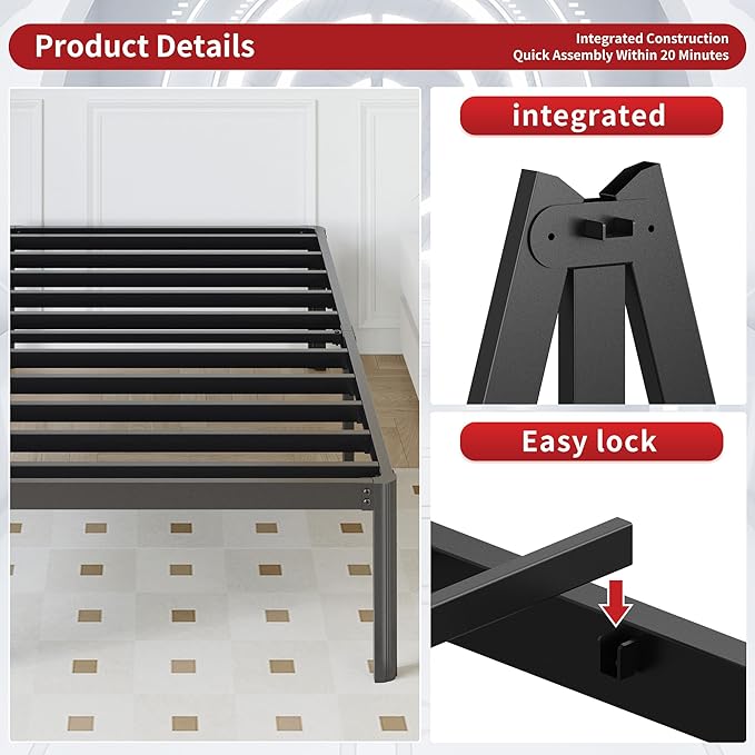 14 Inch King Bed Frame with Rounded Corner Legs No Box Spring Needed King Size Platform Bed Frame Heavy Duty, Easy Assembly, Noise Free, Black.