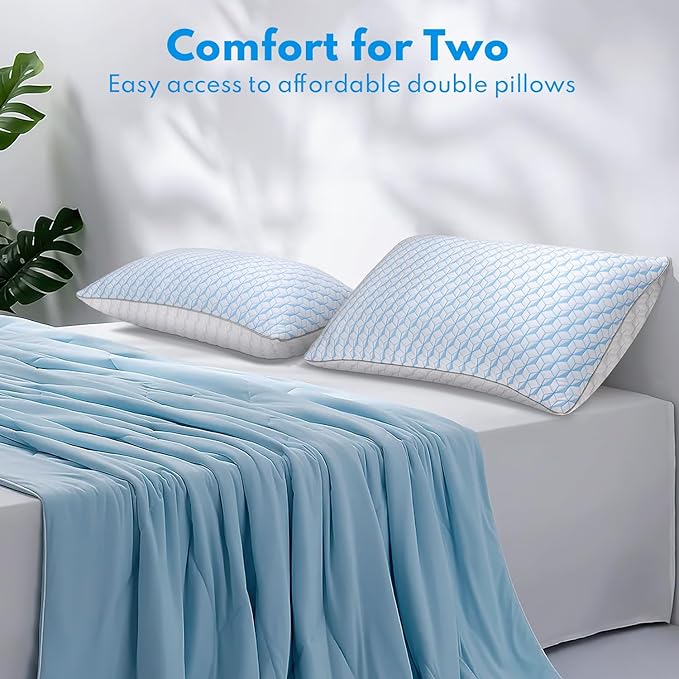 Bed Pillows Queen Size for Sleeping - Cooling Down Alternative Breathable Soft Pillows Set of 2 for Side, Back, and Stomach Sleepers - Hotel Quality Fluffy Microfiber Fill Skin-Friendly