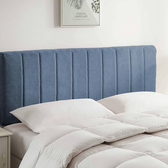 Hearth & Harbor Upholstered Queen Headboard - Easy Assemble Channel Stitched Headboard Queen Size - Wall Mounted Headboards with 3D Soundproof Wall Panels Peel & Stick Floating Headboards, Slate Blue
