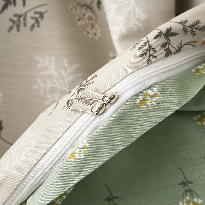 mixinni Duvet Cover Set Floral King Size Soft Cotton Bedding Flower Green Leaves on Beige Comforter Cover Set (1 Duvet Cover+ 2 Pillowcases) for Her and Him-Easy Care, Soft and Durable King Size