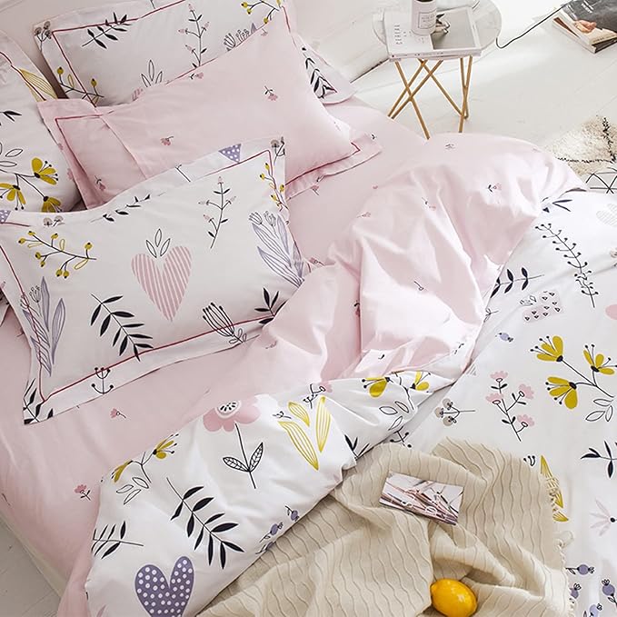 HighBuy Girls Duvet Cover Full Size Bedding Sets Floral Aesthetic Coquette Bedding Set White Pink Premium Cotton Teens Flower Bedding Sets Kids Comforter Cover Soft Branches Full Pink
