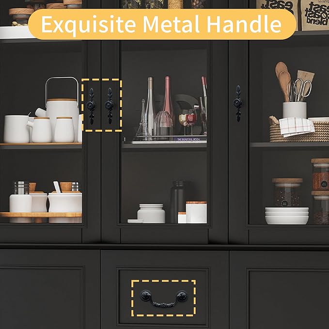 70.9" Tall Bookcase Display Storage Cabinet Hutch with Glass Doors & Drawers - Curio Display Bookshelf Kitchen Pantry for Home, Kitchen, Living Room.